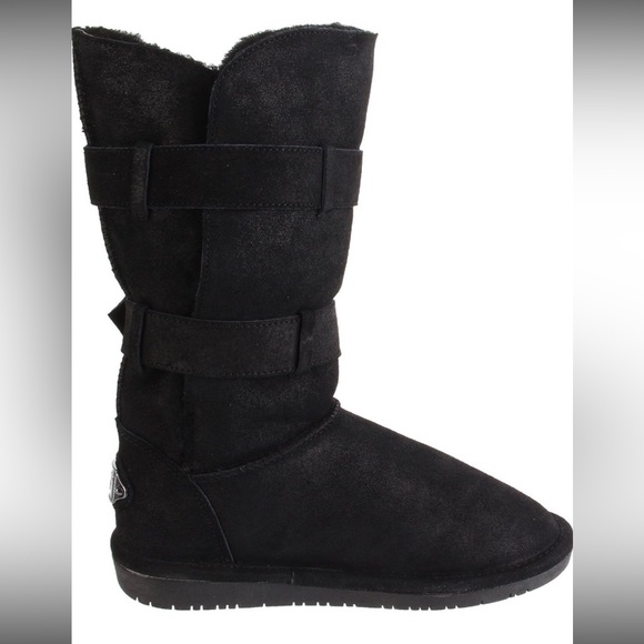 BearPaw Black Sheepskin Suede Leather Lace-Up Mid-Length Tall Shearling Boots - Picture 5 of 13